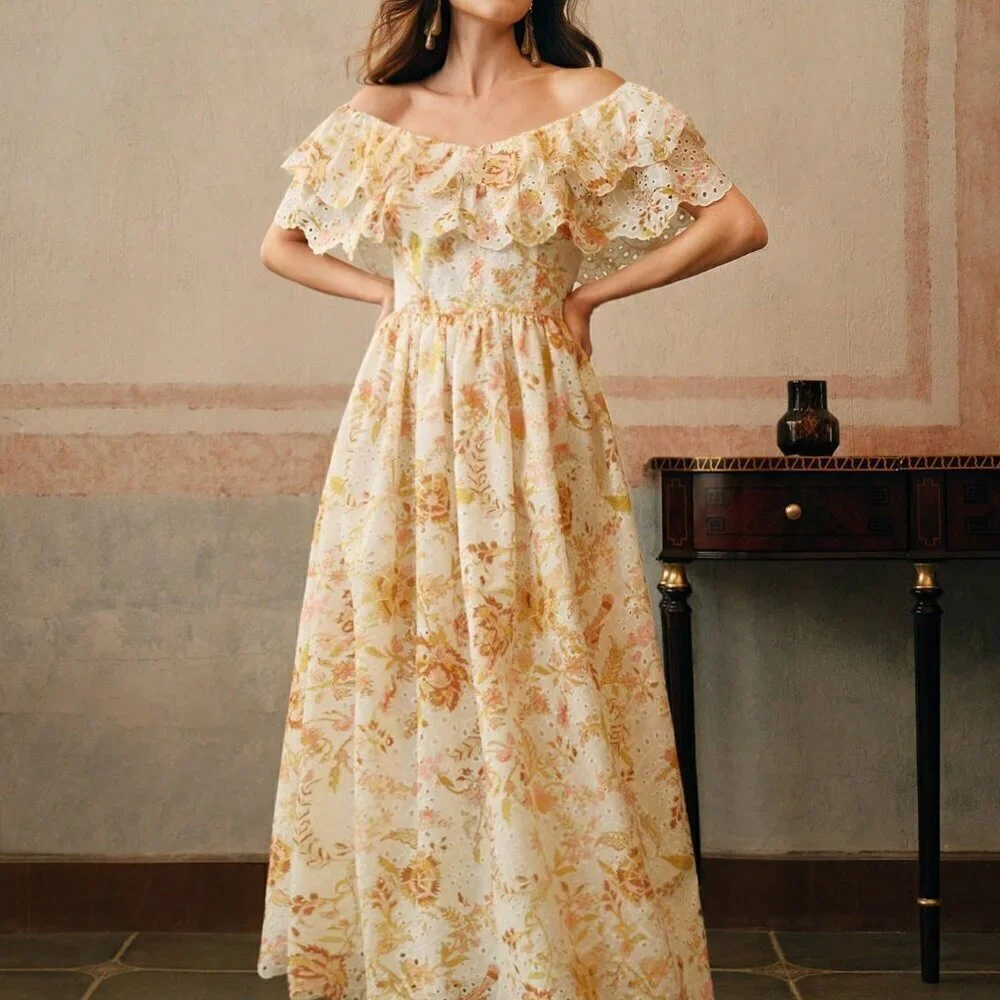 Multicolor Elegant Women's Off Shoulder Ruffled Floral Embroidered Dress